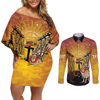 Australia And New Zealand ANZAC Couples Matching Off Shoulder Short Dress and Long Sleeve Button Shirt Aussie Kangaroo With Aotearoa Kiwi Lest We Forget LT14 Yellow - Polynesian Pride