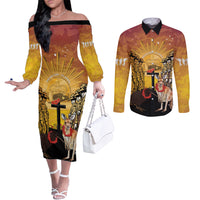 Australia And New Zealand ANZAC Couples Matching Off The Shoulder Long Sleeve Dress and Long Sleeve Button Shirt Aussie Kangaroo With Aotearoa Kiwi Lest We Forget LT14 Yellow - Polynesian Pride