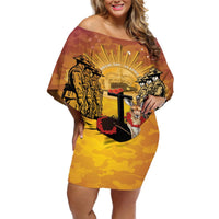 Australia And New Zealand ANZAC Off Shoulder Short Dress Aussie Kangaroo With Aotearoa Kiwi Lest We Forget LT14 Women Yellow - Polynesian Pride