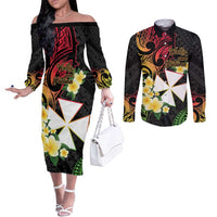 Wallis and Futuna Victory Day Couples Matching Off The Shoulder Long Sleeve Dress and Long Sleeve Button Shirt Liberty Equality Fraternity Polynesian Plumeria LT14 Black - Polynesian Pride