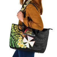 Wallis and Futuna Victory Day Leather Tote Bag Liberty Equality Fraternity Polynesian Plumeria