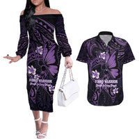Personalised Fibromyalgia Awareness Month Couples Matching Off The Shoulder Long Sleeve Dress and Hawaiian Shirt Fibro Warrior Strength In Every Struggle LT14 Purple - Polynesian Pride