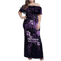 Personalised Fibromyalgia Awareness Month Family Matching Off Shoulder Maxi Dress and Hawaiian Shirt Fibro Warrior Strength In Every Struggle LT14 Mom's Dress Purple - Polynesian Pride