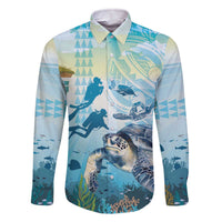 Personalized Snorkeling Hawaii Family Matching Off The Shoulder Long Sleeve Dress and Hawaiian Shirt Ocean Lover Hawaiian Kakau Honu Turtle LT14 Dad's Shirt - Long Sleeve Cyan - Polynesian Pride
