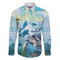 Personalized Snorkeling Hawaii Family Matching Off Shoulder Short Dress and Hawaiian Shirt Ocean Lover Hawaiian Kakau Honu Turtle LT14 Dad's Shirt - Long Sleeve Cyan - Polynesian Pride