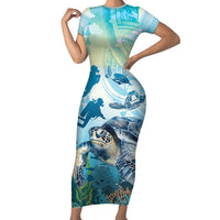 Personalized Snorkeling Hawaii Family Matching Short Sleeve Bodycon Dress and Hawaiian Shirt Ocean Lover Hawaiian Kakau Honu Turtle LT14 Mom's Dress Cyan - Polynesian Pride