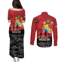 Tonga ANZAC Day Couples Matching Puletasi and Long Sleeve Button Shirt Ngatu Pattern We Will Remember Them