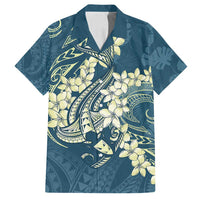 Cyan Polynesia Hammerhead Shark Tattoo With Plumeria Lei Family Matching Long Sleeve Bodycon Dress and Hawaiian Shirt LT14 Dad's Shirt - Short Sleeve Cyan - Polynesian Pride