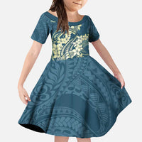 Cyan Polynesia Hammerhead Shark Tattoo With Plumeria Lei Family Matching Mermaid Dress and Hawaiian Shirt LT14 Daughter's Dress Cyan - Polynesian Pride