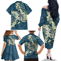 Cyan Polynesia Hammerhead Shark Tattoo With Plumeria Lei Family Matching Off The Shoulder Long Sleeve Dress and Hawaiian Shirt LT14 - Polynesian Pride