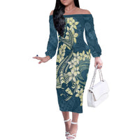 Cyan Polynesia Hammerhead Shark Tattoo With Plumeria Lei Family Matching Off The Shoulder Long Sleeve Dress and Hawaiian Shirt LT14 Mom's Dress Cyan - Polynesian Pride