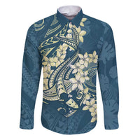 Cyan Polynesia Hammerhead Shark Tattoo With Plumeria Lei Family Matching Puletasi and Hawaiian Shirt
