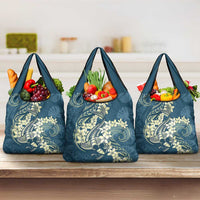 Cyan Polynesia Hammerhead Shark Tattoo With Plumeria Lei Grocery Bag