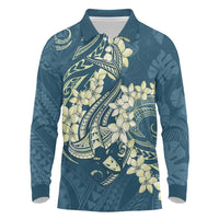 Cyan Polynesia Hammerhead Shark Tattoo With Plumeria Lei Long Sleeve Polo Shirt