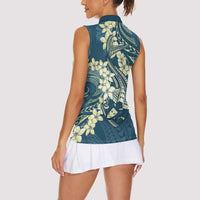 Cyan Polynesia Hammerhead Shark Tattoo With Plumeria Lei Women Sleeveless Polo Shirt