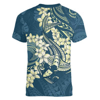 Cyan Polynesia Hammerhead Shark Tattoo With Plumeria Lei Women V-Neck T-Shirt