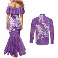 Purple Polynesia Hammerhead Shark Tattoo With Plumeria Lei Couples Matching Mermaid Dress and Long Sleeve Button Shirt