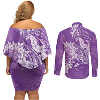 Purple Polynesia Hammerhead Shark Tattoo With Plumeria Lei Couples Matching Off Shoulder Short Dress and Long Sleeve Button Shirt