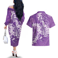 Purple Polynesia Hammerhead Shark Tattoo With Plumeria Lei Couples Matching Off The Shoulder Long Sleeve Dress and Hawaiian Shirt LT14 - Polynesian Pride