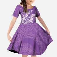 Purple Polynesia Hammerhead Shark Tattoo With Plumeria Lei Kid Short Sleeve Dress