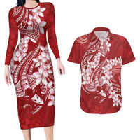 Red Polynesia Hammerhead Shark Tattoo With Plumeria Lei Couples Matching Long Sleeve Bodycon Dress and Hawaiian Shirt LT14 Red - Polynesian Pride