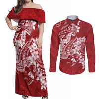Red Polynesia Hammerhead Shark Tattoo With Plumeria Lei Couples Matching Off Shoulder Maxi Dress and Long Sleeve Button Shirt
