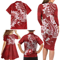 Red Polynesia Hammerhead Shark Tattoo With Plumeria Lei Family Matching Long Sleeve Bodycon Dress and Hawaiian Shirt LT14 - Polynesian Pride