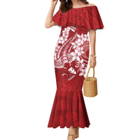Red Polynesia Hammerhead Shark Tattoo With Plumeria Lei Family Matching Mermaid Dress and Hawaiian Shirt LT14 Mom's Dress Red - Polynesian Pride