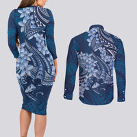 Navy Blue Polynesia Hammerhead Shark Tattoo With Plumeria Lei Couples Matching Long Sleeve Bodycon Dress and Long Sleeve Button Shirt