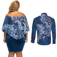 Navy Blue Polynesia Hammerhead Shark Tattoo With Plumeria Lei Couples Matching Off Shoulder Short Dress and Long Sleeve Button Shirt