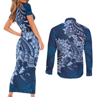 Navy Blue Polynesia Hammerhead Shark Tattoo With Plumeria Lei Couples Matching Short Sleeve Bodycon Dress and Long Sleeve Button Shirt