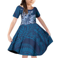 Navy Blue Polynesia Hammerhead Shark Tattoo With Plumeria Lei Family Matching Off Shoulder Short Dress and Hawaiian Shirt LT14 Daughter's Dress Navy Blue - Polynesian Pride