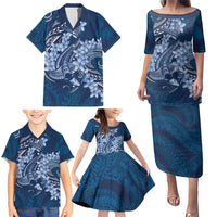 Navy Blue Polynesia Hammerhead Shark Tattoo With Plumeria Lei Family Matching Puletasi and Hawaiian Shirt