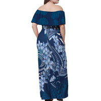 Navy Blue Polynesia Hammerhead Shark Tattoo With Plumeria Lei Off Shoulder Maxi Dress
