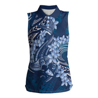Navy Blue Polynesia Hammerhead Shark Tattoo With Plumeria Lei Women Sleeveless Polo Shirt