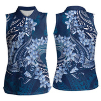Navy Blue Polynesia Hammerhead Shark Tattoo With Plumeria Lei Women Sleeveless Polo Shirt