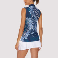 Navy Blue Polynesia Hammerhead Shark Tattoo With Plumeria Lei Women Sleeveless Polo Shirt