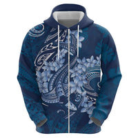 Navy Blue Polynesia Hammerhead Shark Tattoo With Plumeria Lei Zip Hoodie