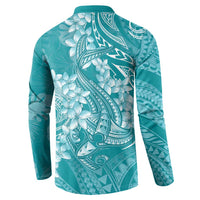 Teal Polynesia Hammerhead Shark Tattoo With Plumeria Lei Button Sweatshirt
