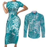 Teal Polynesia Hammerhead Shark Tattoo With Plumeria Lei Couples Matching Short Sleeve Bodycon Dress and Long Sleeve Button Shirt