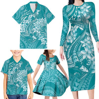 Teal Polynesia Hammerhead Shark Tattoo With Plumeria Lei Family Matching Long Sleeve Bodycon Dress and Hawaiian Shirt LT14 - Polynesian Pride