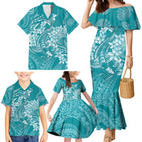 Teal Polynesia Hammerhead Shark Tattoo With Plumeria Lei Family Matching Mermaid Dress and Hawaiian Shirt LT14 - Polynesian Pride