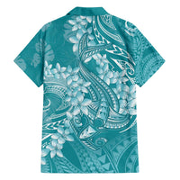 Teal Polynesia Hammerhead Shark Tattoo With Plumeria Lei Family Matching Off The Shoulder Long Sleeve Dress and Hawaiian Shirt LT14 - Polynesian Pride