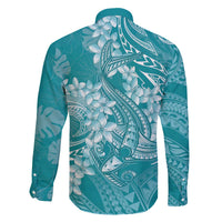 Teal Polynesia Hammerhead Shark Tattoo With Plumeria Lei Family Matching Off The Shoulder Long Sleeve Dress and Hawaiian Shirt LT14 - Polynesian Pride