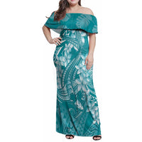 Teal Polynesia Hammerhead Shark Tattoo With Plumeria Lei Family Matching Off Shoulder Maxi Dress and Hawaiian Shirt LT14 Mom's Dress Teal - Polynesian Pride