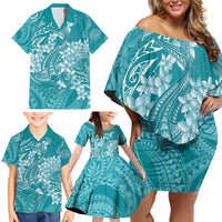 Teal Polynesia Hammerhead Shark Tattoo With Plumeria Lei Family Matching Off Shoulder Short Dress and Hawaiian Shirt LT14 - Polynesian Pride