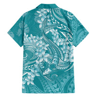Teal Polynesia Hammerhead Shark Tattoo With Plumeria Lei Family Matching Off Shoulder Short Dress and Hawaiian Shirt LT14 - Polynesian Pride