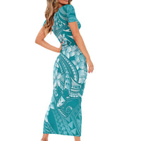 Teal Polynesia Hammerhead Shark Tattoo With Plumeria Lei Family Matching Short Sleeve Bodycon Dress and Hawaiian Shirt LT14 - Polynesian Pride