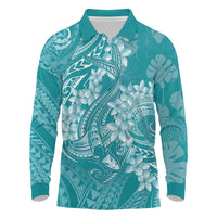 Teal Polynesia Hammerhead Shark Tattoo With Plumeria Lei Long Sleeve Polo Shirt
