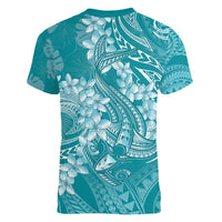 Teal Polynesia Hammerhead Shark Tattoo With Plumeria Lei Women V-Neck T-Shirt